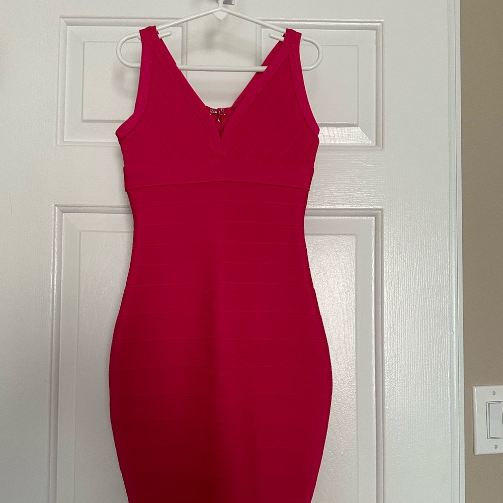 KatieJ Hot Pink Bandage V-neck Dress